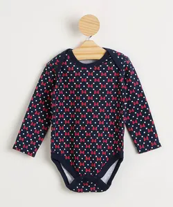 Body Infantil de Algodão Estampado Laços Minnie e Poá Manga Curta Azul Marinho 3-6