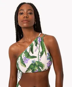biquíni top ombro único estampado com bojo e proteção uv off white P