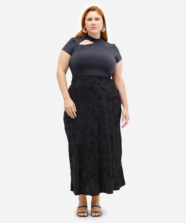 saia midi feminina acetinada floral mindset plus size preta 50