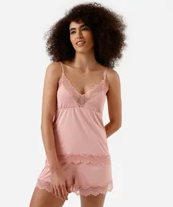 pijama short doll com renda rosa P