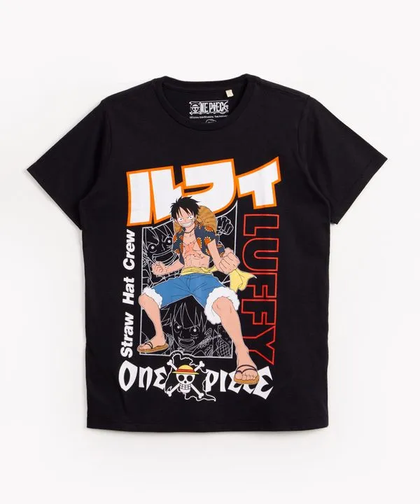 camiseta juvenil de algodão manga curta one piece preto 10