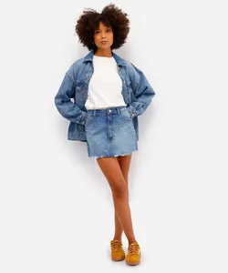 minissaia feminina jeans barra desfiada azul 44