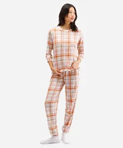 pijama longo feminino xadrez bege G