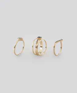 Kit de 3 Anéis Femininos com Strass Dourado P