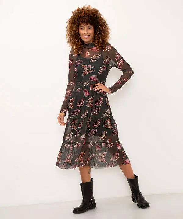 vestido midi de tule borboletas verde M