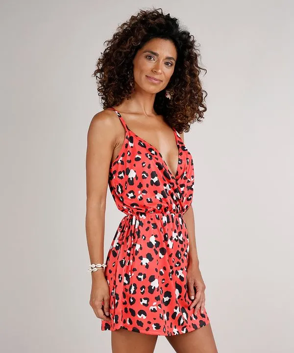 Saída de Praia Feminina Transpassada Estampado Animal Print Decote V Profundo Alças Finas Vermelho P