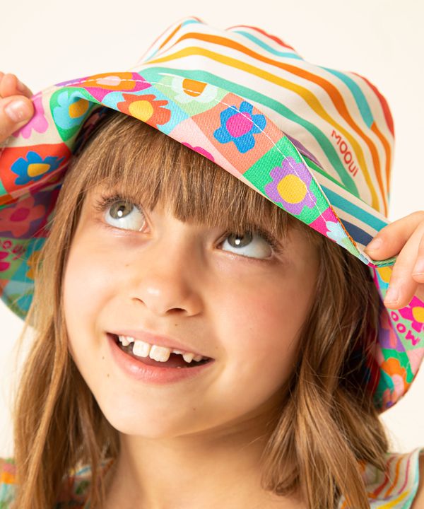 chapéu bucket infantil dupla face listras e floral mooui multicor Único