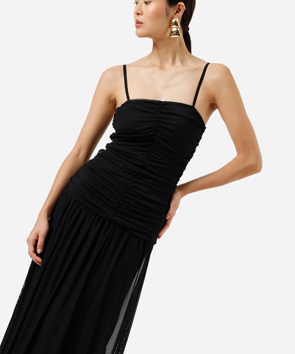 vestido midi alça fina feminino de tule franzido preto PP