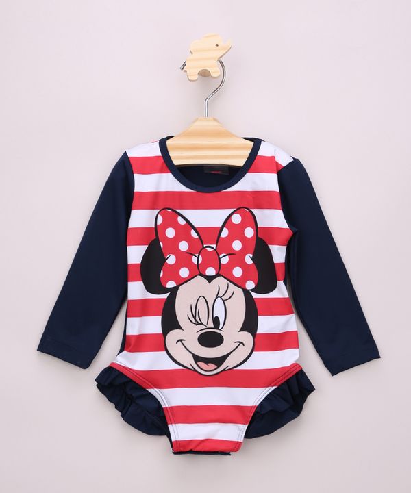 Maiô Body Infantil Minnie Manga Longa com Proteção UV50+ Azul Marinho 1