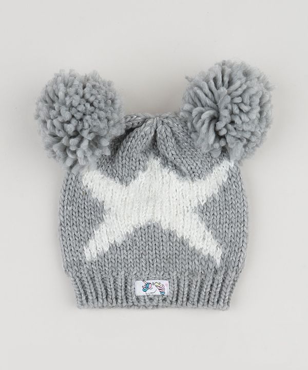 Gorro de Tricô Infantil Estrela com Pompons Cinza Único