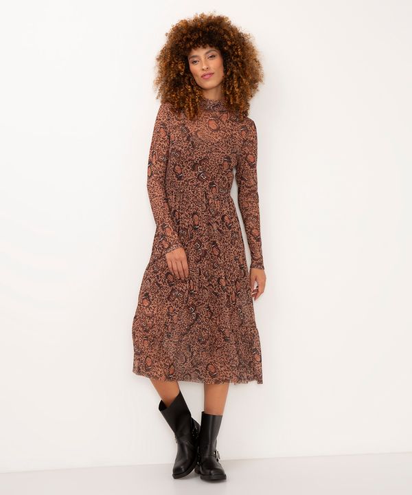vestido midi de tule animal print com borboletas marrom PP