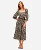 vestido midi feminino de viscose manga bufante animal print bege P