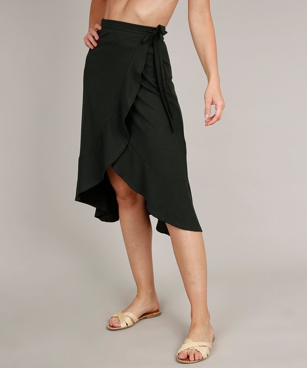 Saia Feminina Midi Canelada Envelope com Babado Verde Militar G