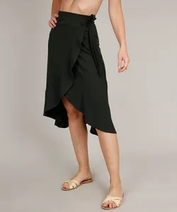Saia Feminina Midi Canelada Envelope com Babado Verde Militar M