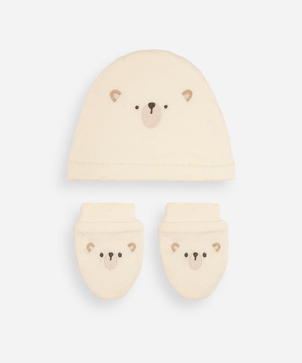 kit bebê touca e luva urso off white UNICO