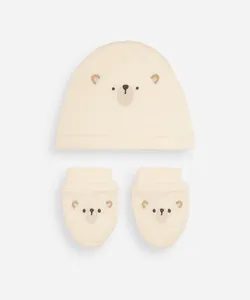 kit bebê touca e luva urso off white UNICO