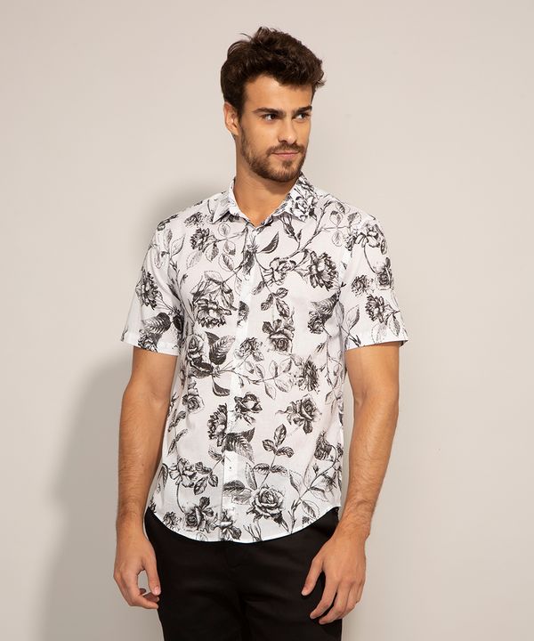 Camisa Slim de Algodão Floral Manga Curta Branca G