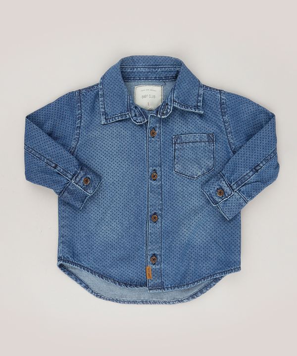 Camisa Jeans Infantil Estampada de Poá Manga Longa Azul Escuro 3