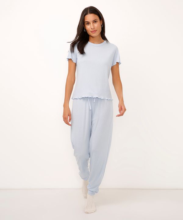 calça de pijama jogger canelada - azul M