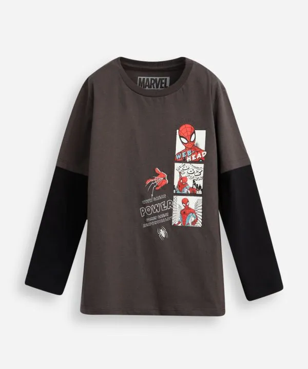 blusa de algodão infantil com manga sobreposta homem aranha - chumbo 12