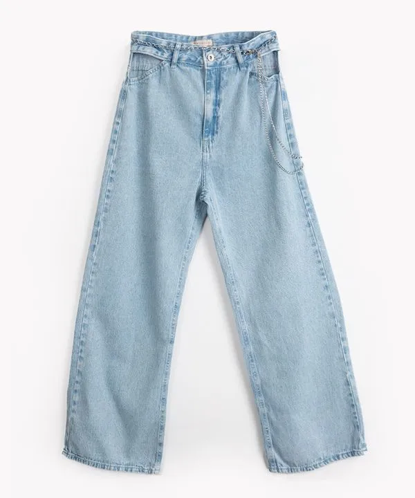 calça jeans juvenil wide leg cut out com correntes azul médio 16