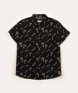camisa infantil de algodão com bolso manga curta coqueiros preto 4