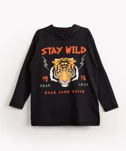 camiseta infantil de algodão tigre com capuz manga longa cinza escuro 4