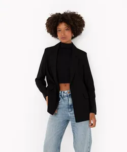 blazer alongado com linho manga longa preto PP