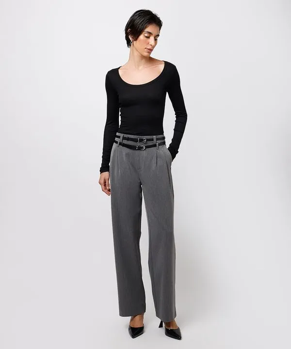 calça wide leg feminina de alfaiataria com cintos mindset cinza 34