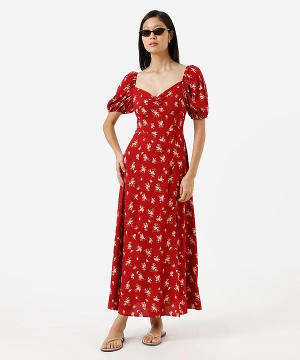 vestido midi feminino de viscose manga bufante com fenda floral vermelho G