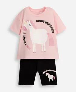conjunto curto infantil de algodão amigo unicórnio rosa 1
