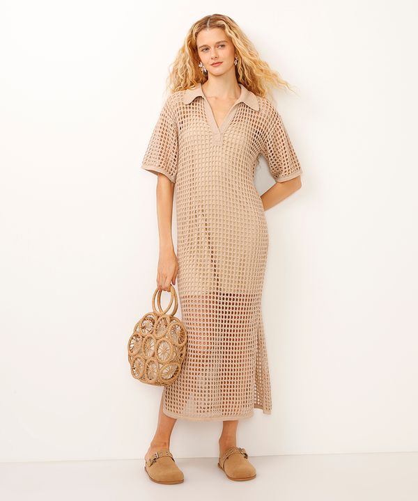 vestido midi de tricot gola polo bege G