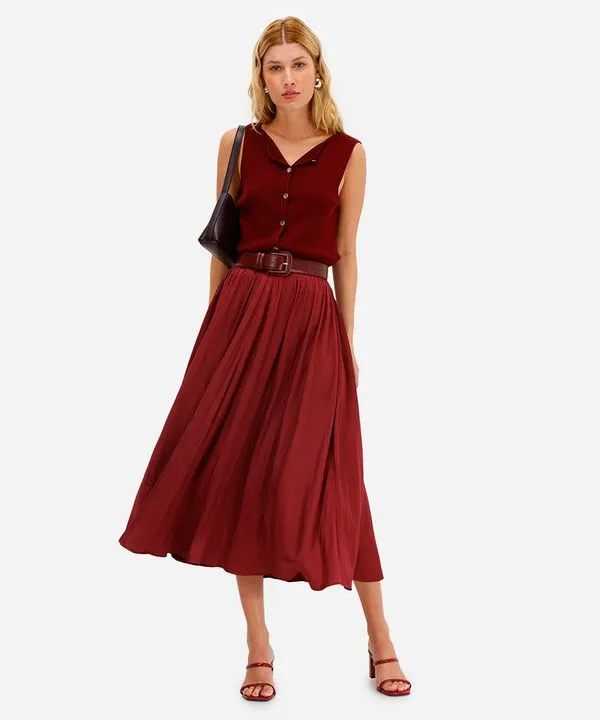 saia midi feminina acetinada texturizada cós elástico vinho 42