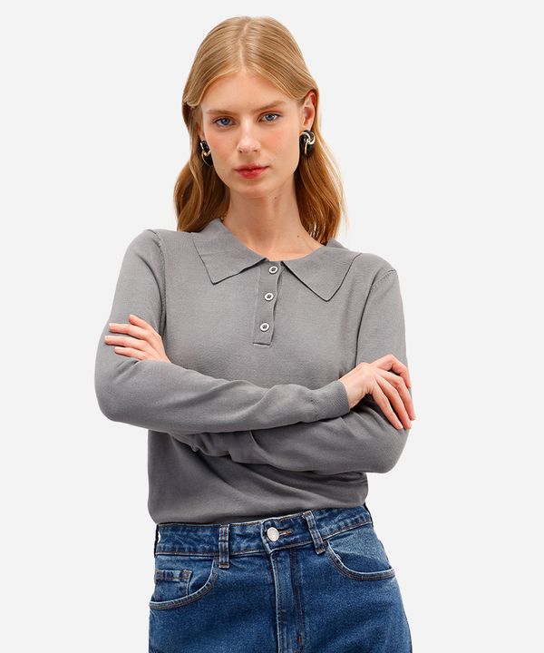 polo feminina de tricot manga longa cinza PP