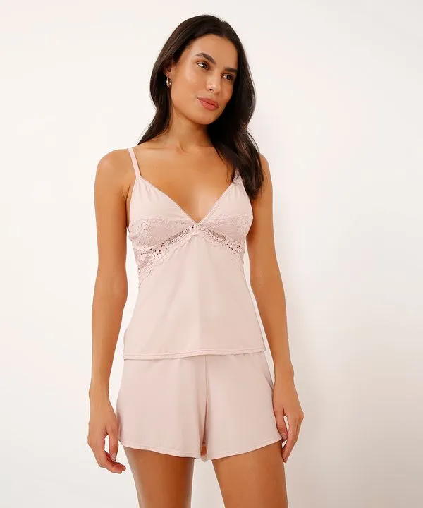 pijama short doll alça fina com renda rosa G