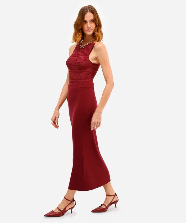 saia midi feminina de tricot cós elástico vinho GG