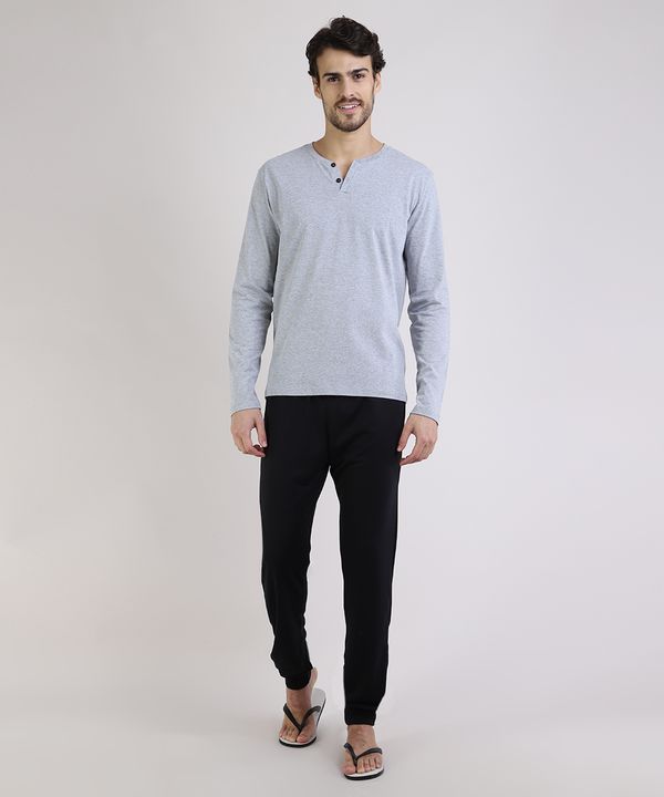 Pijama Masculino Manga Longa Gola Portuguesa Cinza Mescla P