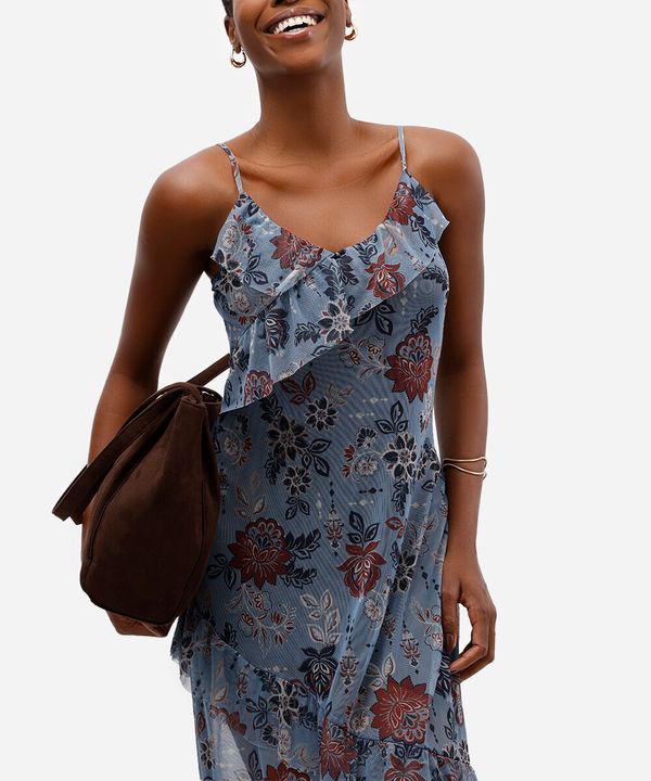 vestido midi feminino de tule alça fina com babados floral azul G