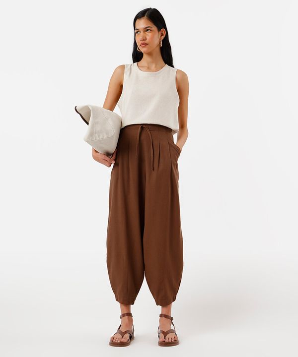 calça balloon feminina com linho e pregas cós elástico marrom P