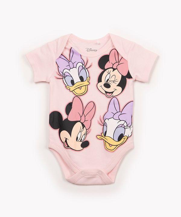 body de algodão infantil minnie e margarida manga curta rosa 6-9