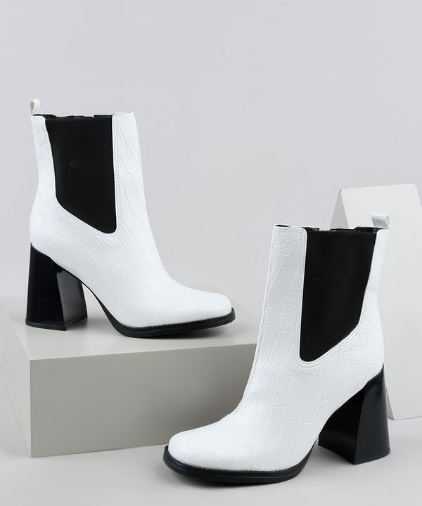 Bota Feminina Oneself Croco Salto Alto Cano Curto com Elástico Branca 36