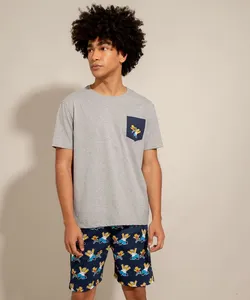Pijama Manga Curta Os Simpsons com Bolso Tal Pai Tal Filho Cinza Mescla G