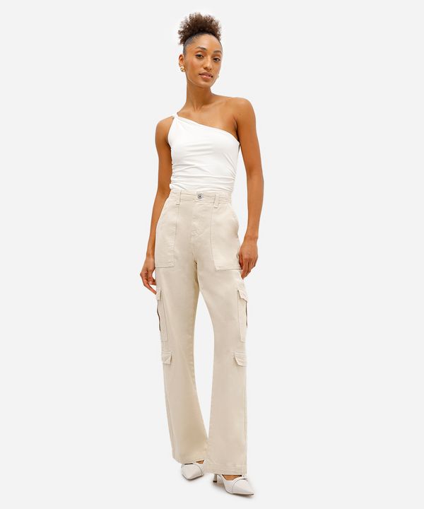 calça feminina sarja cintura alta cargo multibolsos bege 40