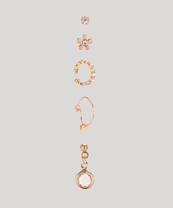kit de 4 brincos + earcuff com strass dourado Único