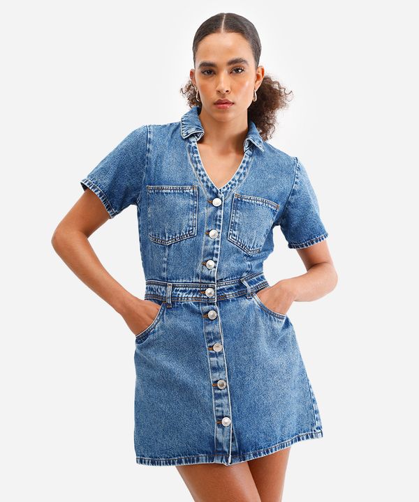 vestido curto feminino jeans decote v azul PP