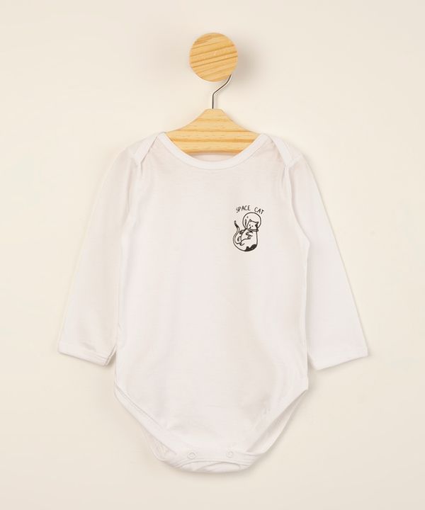 body infantil de algodão manga longa "space cat" off white 9-12
