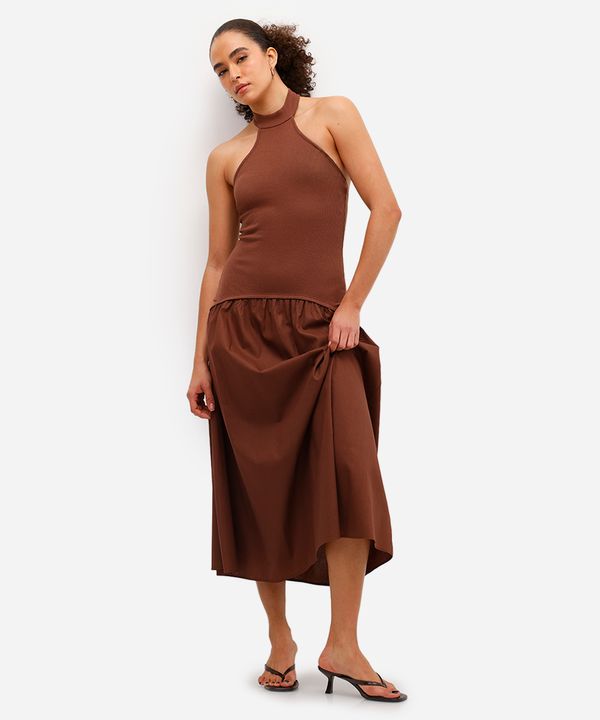 vestido midi feminino frente única de algodão marrom G