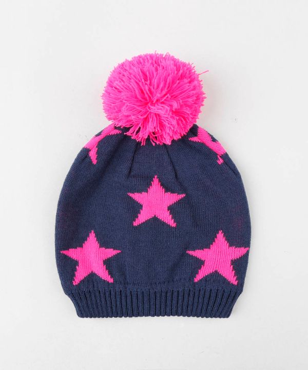 Gorro Infantil em Tricô Estampado Estrelas com Pompom Azul Marinho Único