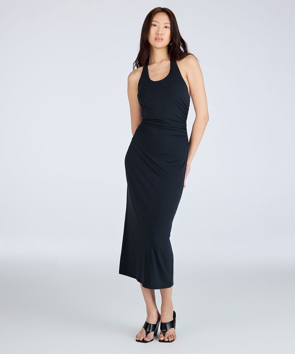 vestido midi frente única feminino franzido preto G