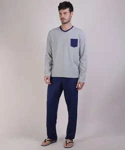 Pijama Masculino Camiseta com Bolso Manga Longa Gola Careca Cinza Mescla XGG